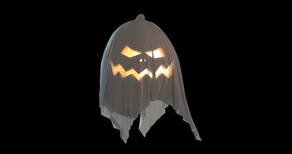 A spooky Jack'O lantern with glowing eyes and mouth covered with a white sheet on a black background