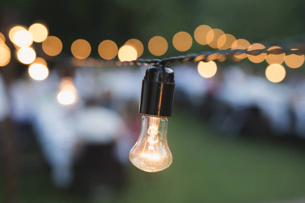 istock Decorative outdoor string lights hanging on a tree in the garden at night. 1391201299