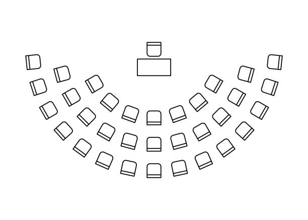 Plan for arranging chairs semicircle in interior, map seats amphitheater, layout graphic outline. Business, education, government furniture symbols in scheme architectural plan, top view. Vector line Plan for arranging chairs semicircle in interior, map seats amphitheater, layout graphic outline. Business, education, government furniture symbols in scheme architectural plan, top view. Vector amphitheater stock illustrations