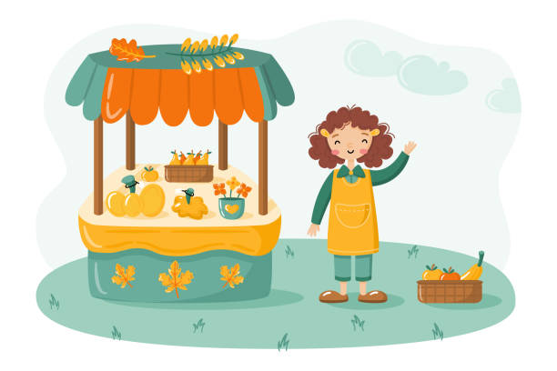 ilustrações, clipart, desenhos animados e ícones de frutas e legumes param e agricultor de meninas - market tent market stall agricultural fair
