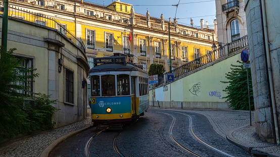 July 8, 2021.  Bairro Alto, Lisbon, Portugal.\n\nLisbon’s Bairro Alto offers some of the best views of the city.  Popular Santa Justa Elevator was closed due to Covid policy so we had to climb the stepped streets walking. In the way we found this image of one of Lisbon's trams.