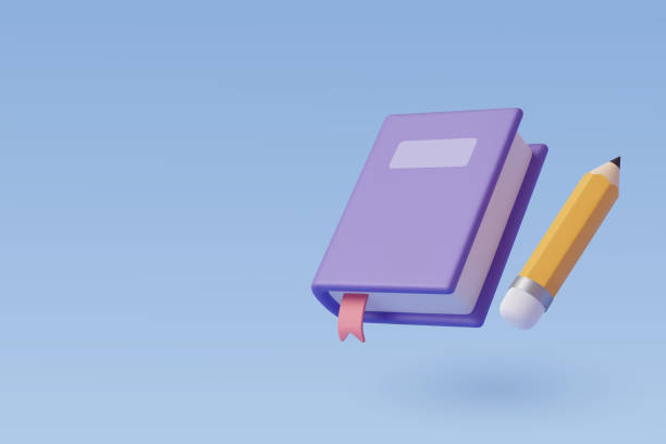 ilustraciones, imágenes clip art, dibujos animados e iconos de stock de libro 3d con icono de lápiz para diseño web aislado, educación y concepto de clase en línea. - tridimensional