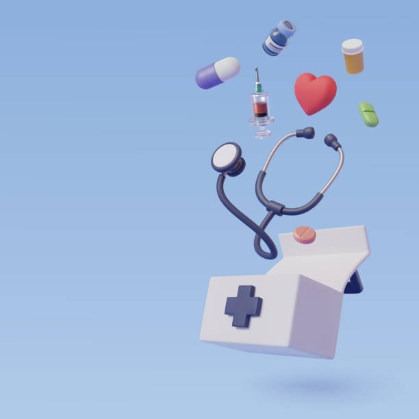 medical equipment 3d cartoon style, vaccine, stethoscope, capsule, pills and medicine box - tıp cihazları stock illustrations