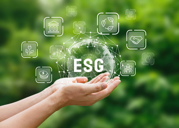 Hand of human holding ESG icon for Environment Society and Governance on network connection. stock photo