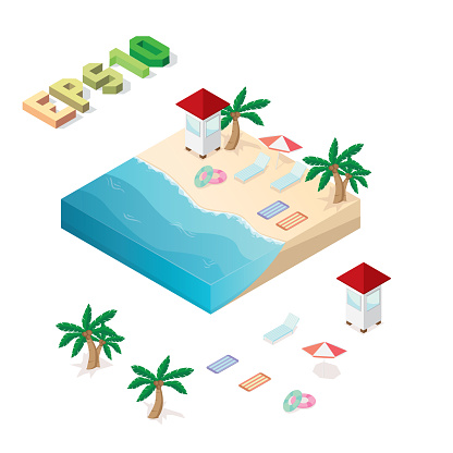 Vector isometric beach objects minimal isolated on white background
