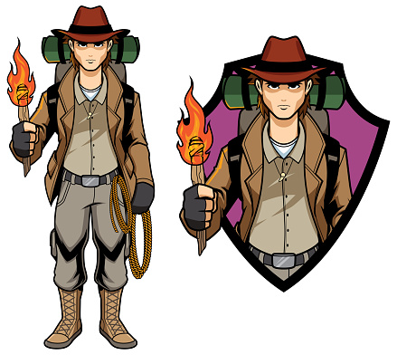 Mascot illustration of young explorer or archeologist holding a flaming torch.