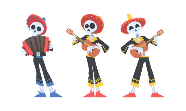 istock Mexican people wearing skeleton suits dancing and playing guitar. Mexican skeleton party at Day of the Dead cartoon cartoon vector illustration 1391209228