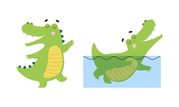 Vector illustration of Cute friendly green crocodiles set. Lovely baby alligators in different activities cartoon vector illustration