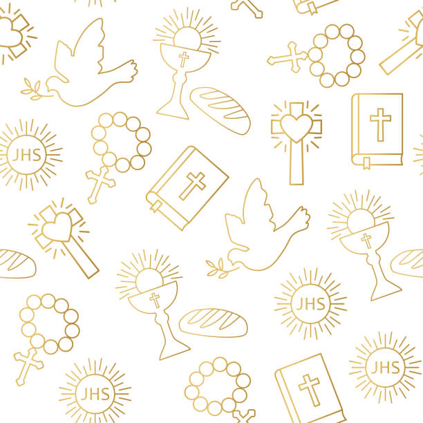 seamless golden pattern with christian religion icons seamless golden pattern with christian religion icons- vector illustration communion stock illustrations