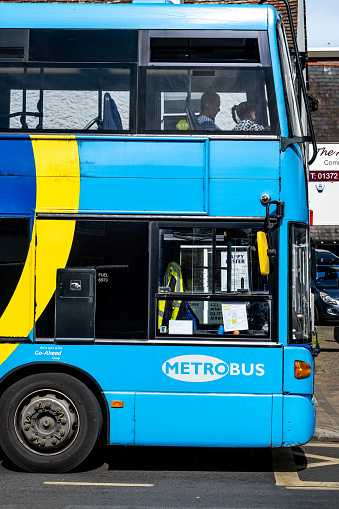 Epsom Surrey London UK, April 11 2022, Blue Double Decker Public Service Metro Bus