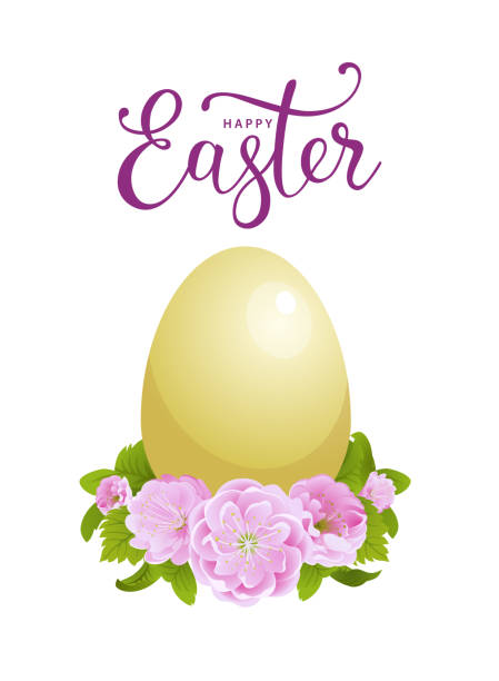 Easter egg with pink flowers. Happy easter lettering vector art illustration