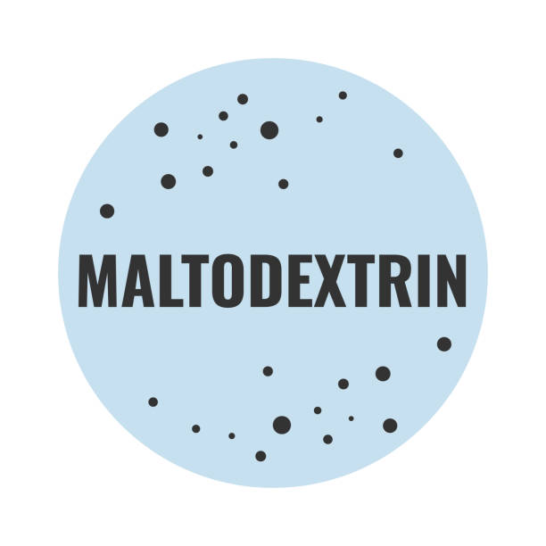 Maltodextrin ingredient for healthy food label Maltodextrin ingredient for healthy food label. Isolated on white round emblem with sign, natural powder advertising. Dietary meal packaging element, organic supplement tag, vector illustration lysine stock illustrations