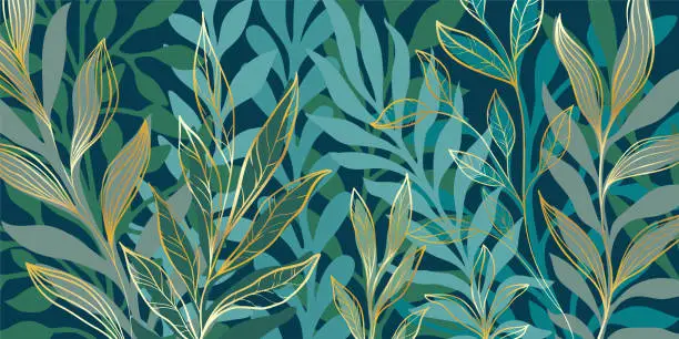 Vector illustration of Abstract art green colors tropical line art leaves background vector. Wallpaper design with leaves shapes and scribble doodle linear leaf. vintage botanical floral pattern