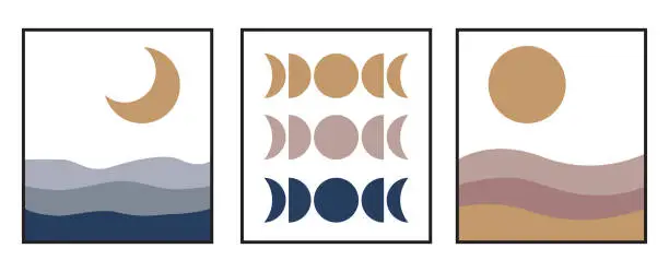 Vector illustration of Mid century modern moon and sun posters set. Boho style minimal design.