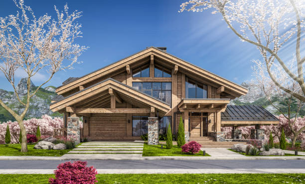 istock 3d rendering of modern cozy chalet in spring day 1391213064