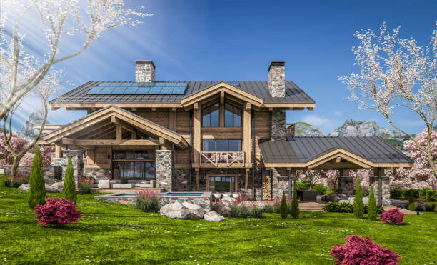 istock 3d rendering of modern cozy chalet in spring day 1391213073
