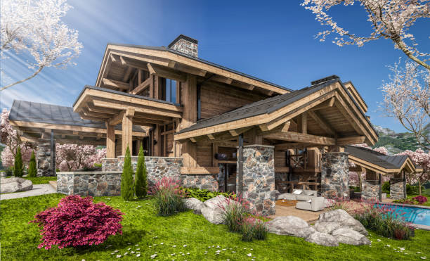 istock 3d rendering of modern cozy chalet in spring day 1391213127