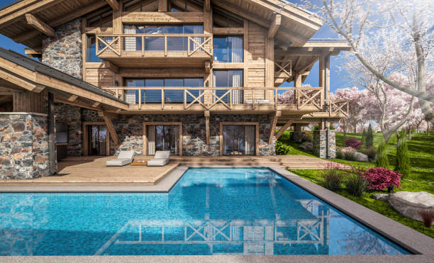 istock 3d rendering of modern cozy chalet in spring day 1391213156