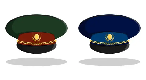 Vector illustration of Officer cap. Headdress with cockade of military general of land and air forces. Cartoon vector isolated on white background