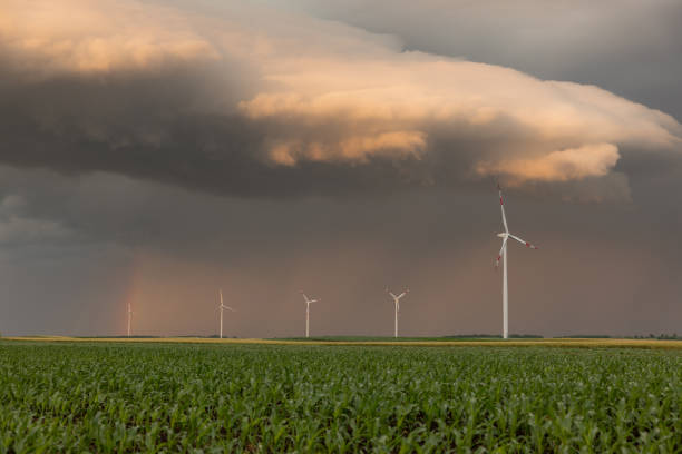 istock Wind farm on green agricultural field under the dark overcast sky 1391218521