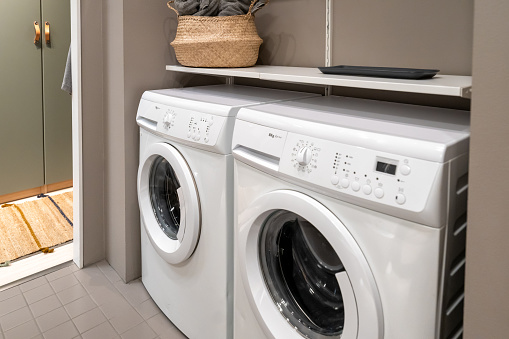 White laundry machine installed in the bathroom
