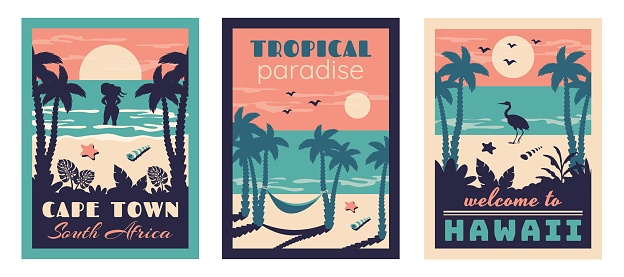 Set of summer beach vintage card. Summer background. Tropical seascape with silhouettes of beautiful girl, palm leaves, flamingo, hammock, starfish, seashells. Vector  flat illustration for travel, vacation holidays, poster