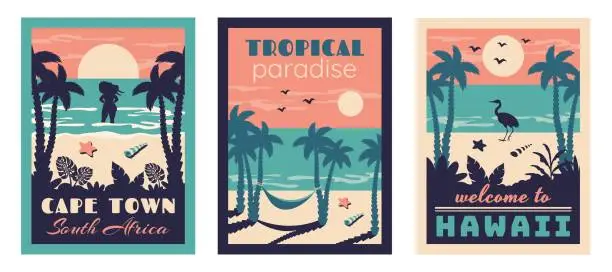 Vector illustration of Set of summer beach vintage card. Summer background. Tropical seascape with silhouettes of beautiful girl, palm leaves, flamingo, hammock, starfish, seashells. Vector  flat illustration for travel, vacation holidays, poster