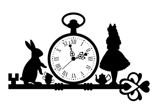 Tea time in Wonderland. White rabbit and girl. vector illustration,black silhouettes isolated on a white background