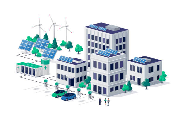 ilustrações, clipart, desenhos animados e ícones de edifícios inteligentes e sustentáveis da cidade com energia renovável, armazenamento de baterias e carregamento de carros - central de energia solar