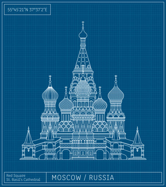 Blueprint of Moscow Russian Church St. Basil's Cathedral Blueprint of St. Basil's cathedral in Red Square Moscow, Russia. Outline, flat design vector illustration. st basils cathedral stock illustrations