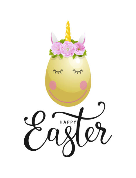 Happy easter card with animal unicorn egg and lettering isolated on white vector art illustration
