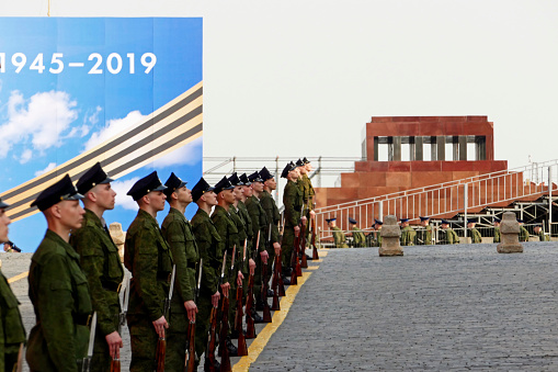 Moscow, Russia - April 26. 2019: Soldiers preparing for 2019 Victory Day Parade