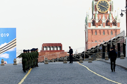 Moscow, Russia - April 26. 2019: Soldiers preparing for 2019 Victory Day Parade