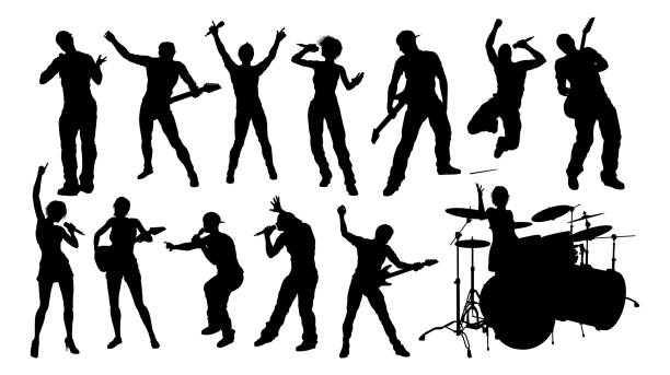 musiker gitarrist signer drummer silhouettes - singer men singing musician stock-grafiken, -clipart, -cartoons und -symbole