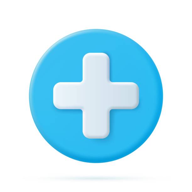 blue circle with plus on the white background. 3d blue circle with plus on the white background. Cute icon of first aid. Health care. Medical symbol of emergency help. Vector illustration plus sign stock illustrations