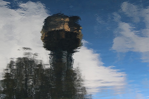 A reflection of the Sunsphere taken off the water in Worlds Fair Park in Knoxville, Tennessee.