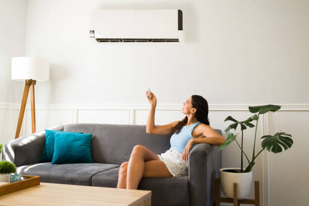 istock Happy woman using her new air conditioning 1391233315