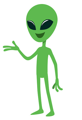 Vector cartoon character - green skinned alien with friendly facial expression explaining