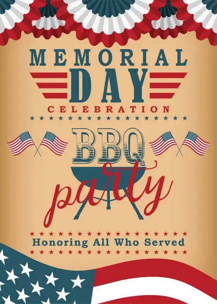 Vector illustration of Memorial Day B-B-Q Party flyer. Invitation template for barbecue party for Memorial Day. Background for celebration USA national holiday - Memorial Day. Vector illustration