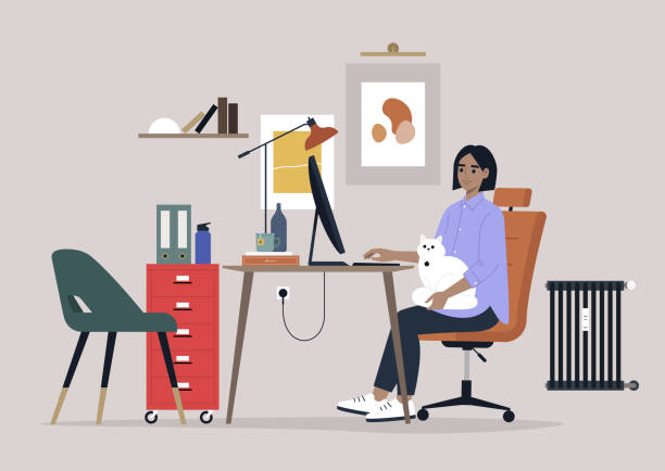 A young female Caucasian character working with a cat on their lap, home office interior A young female Caucasian character working with a cat on their lap, home office interior telecommuting stock illustrations