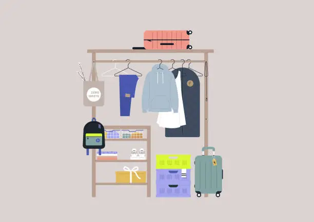 Vector illustration of An open wooden wardrobe with hangers, shelves, and crates, millennial lifestyle