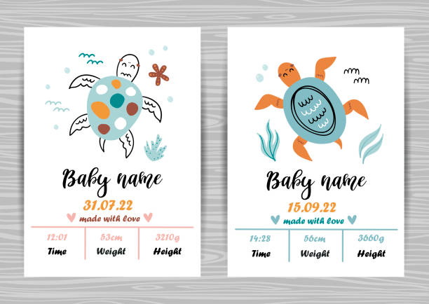 einladungsvorlagen für babypartys mit niedlichen schildkröten. geburtsdatum, größe, gewicht. - marine life stock-grafiken, -clipart, -cartoons und -symbole