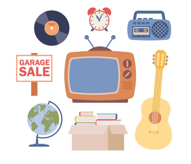 ilustrações, clipart, desenhos animados e ícones de conjunto de ícones de venda de garagem. mercado de pulgas. venda de quintal. produtos vintage ou feira de trapos. bazar. ilustração plana vetorial - garage sale audio