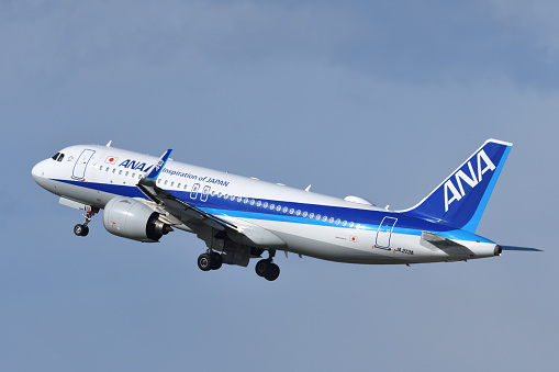 Tokyo, Japan - April 18, 2021:All Nippon Airways (ANA) Airbus A320-200N (JA213A) passenger plane.
