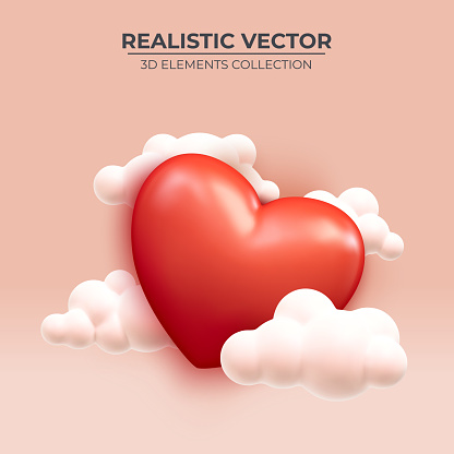 Red heart and clouds. Creative concept composition. Realistic 3d design congratulations mail. Abstract cartoon design. Vector illustration