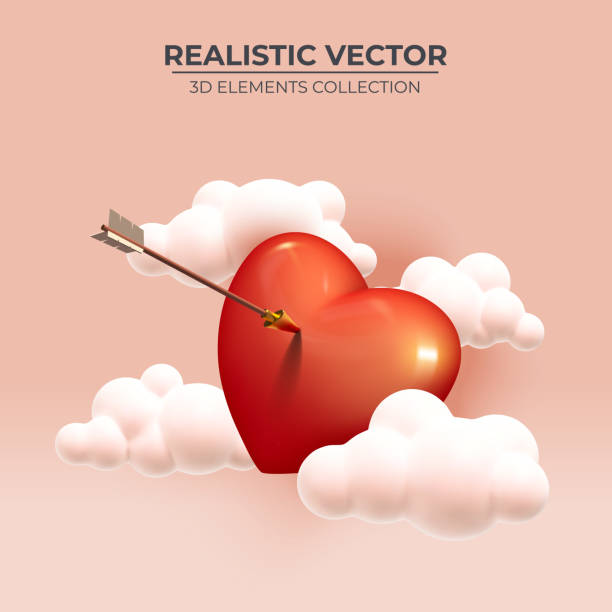Red heart pierced by the love arrow and clouds. vector art illustration