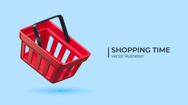 Collection of glossy flying realistic shopping carts in different colors 3D glossy flying realistic shopping cart in red color isolated on white background. Empty shopping basket. For mobile applications. Vector illustration supermarket stock illustrations