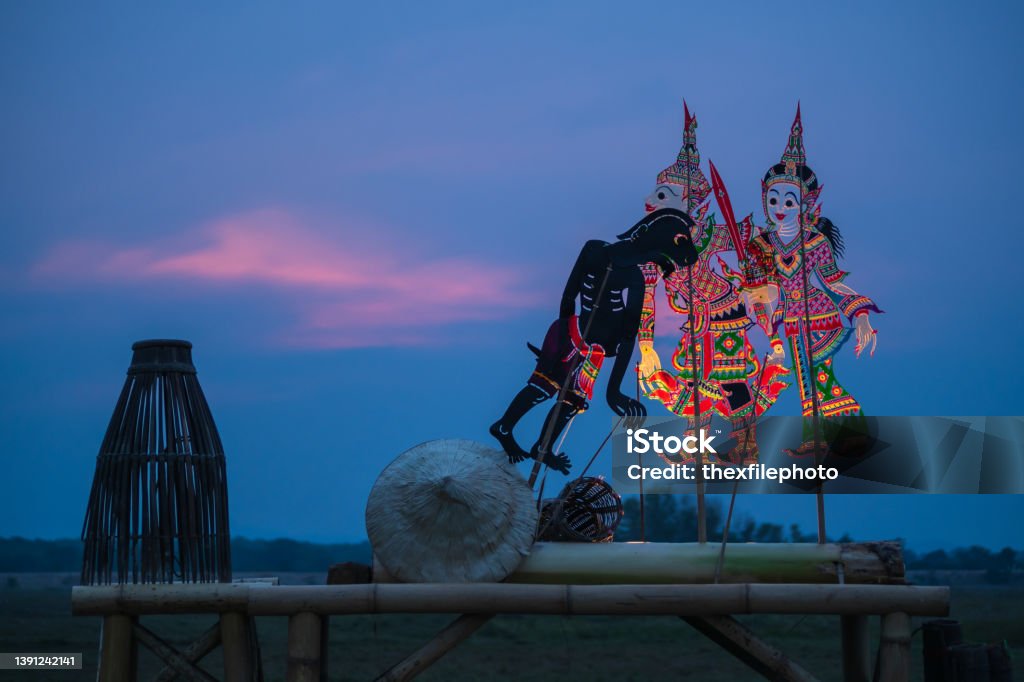 Shadow puppet and the sky (Thai Nang Talung) was one form of traditional public entertainment in the south of Thailand Shadow Theater Stock Photo