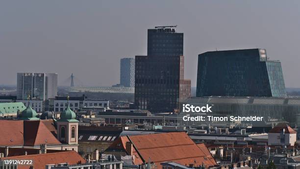 Aerial Panoramic View Over The Northeast Of The Downtown Of Vienna Capital Of Austria With Highrise Office Buildings And Stadium Ernsthappelstadion In Background Stock Photo - Download Image Now