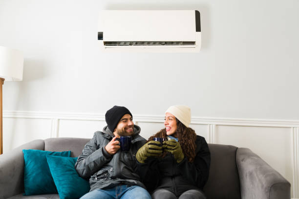 istock Cheerful couple enjoying the cold air conditioner 1391242984